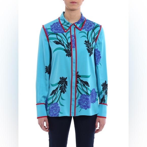 Diane Von Furstenberg Contrasting Piping Floral Silk Shirt Farren Marine Size 8 - Picture 14 of 14